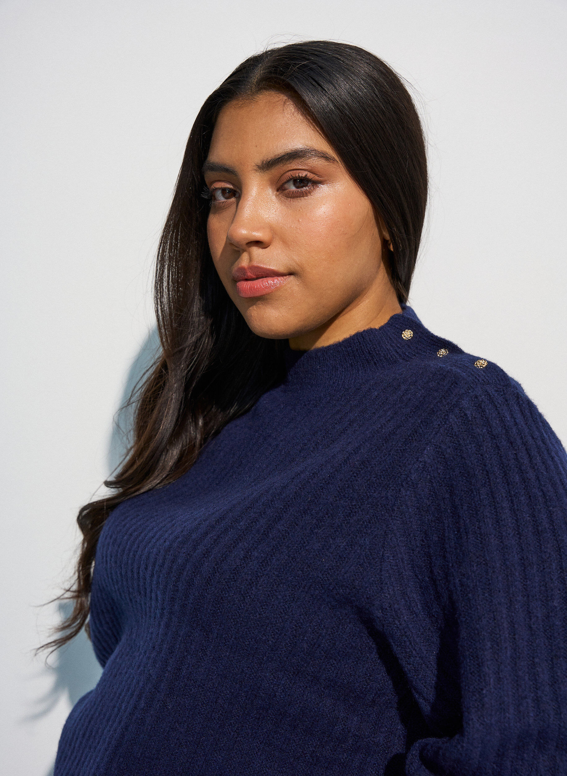 ZizziRibstrikket sweater med ballon&aelig;rmer og knapper, Bl&aring;, Model image number 3