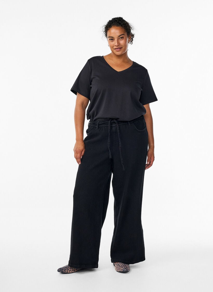 Loose fit jeans med elastisk talje og bindeb&aring;nd, Sort, Model