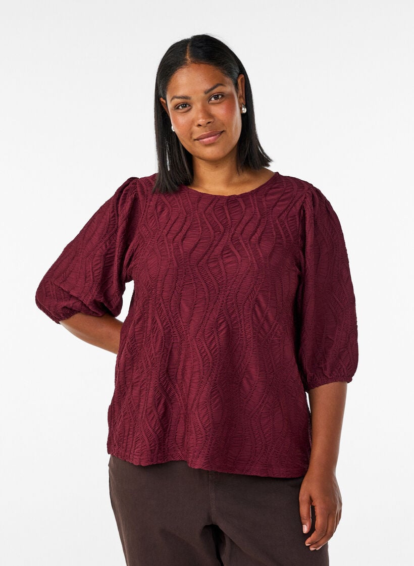 Bluse med tekstur og 3/4 &aelig;rmer, R&oslash;d, Model image number 0
