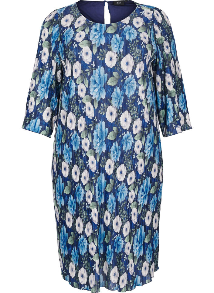 Plisseret kjole med 3/4 ærmer, Blå, Packshot image number 0