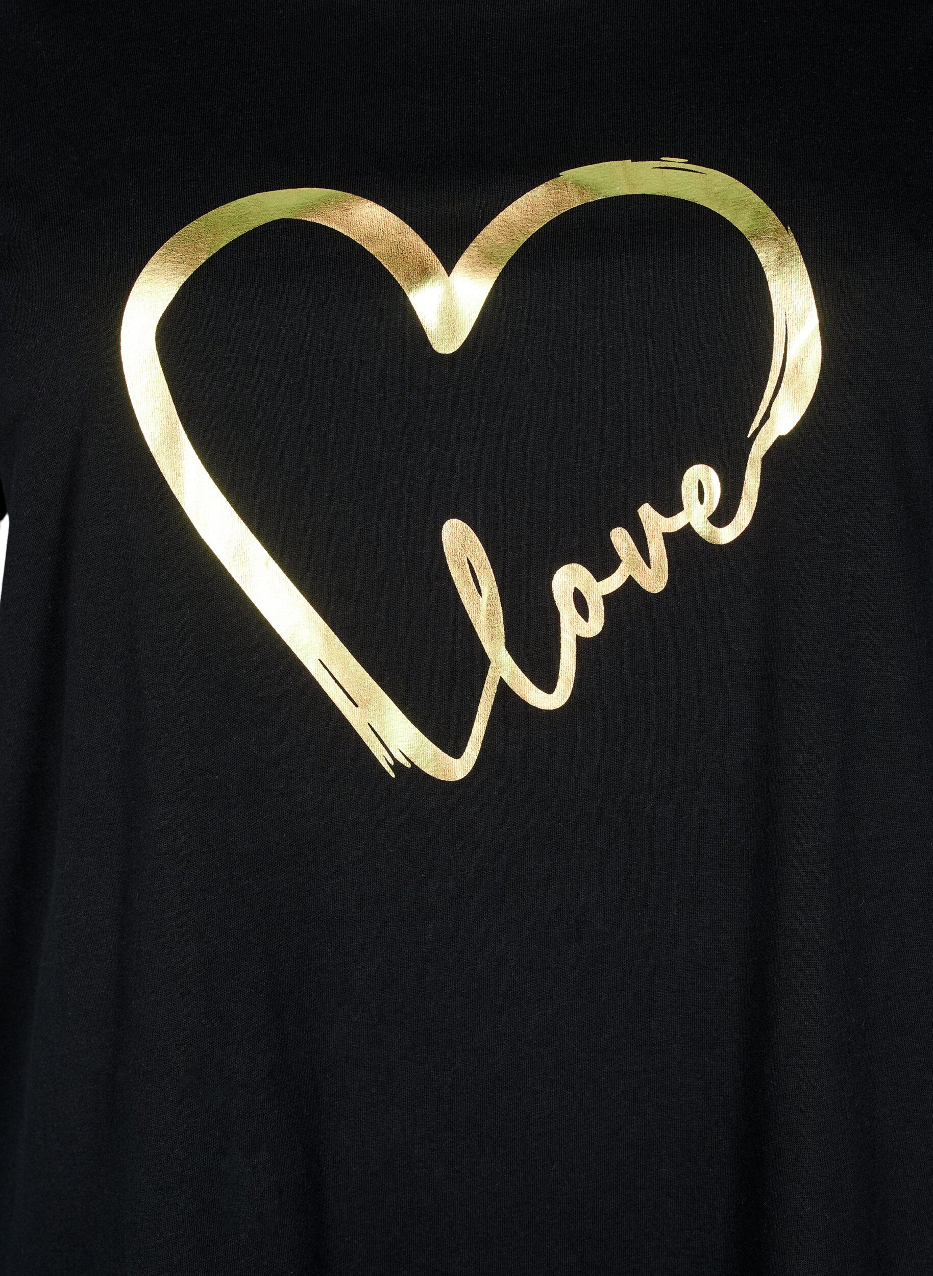 Zizzi Bomulds t-shirt med motiv, Black w. Gold Love, Packshot image number 2