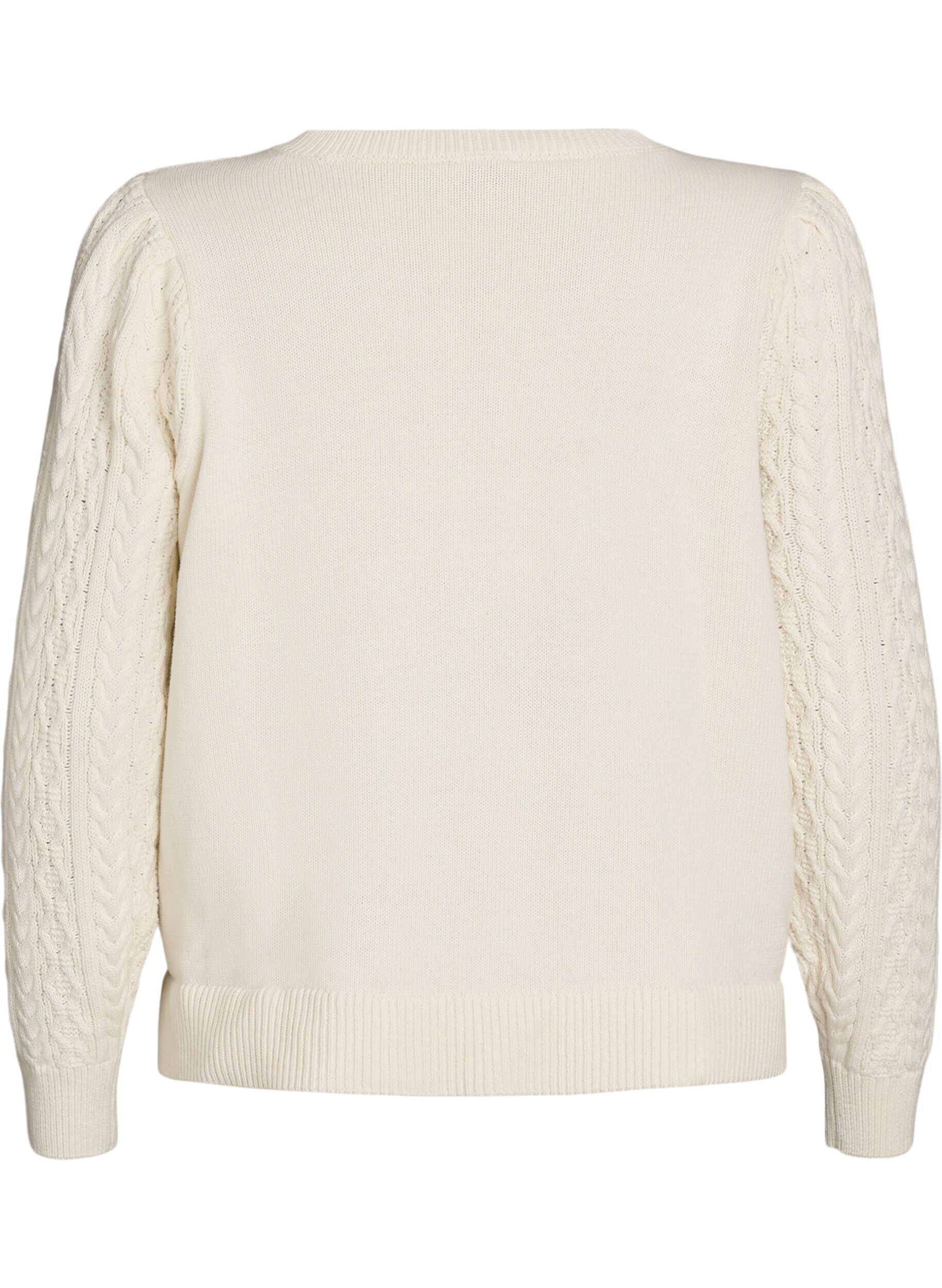 Zizzi Strikbluse med kabelm&oslash;nster og broderede blomster, Hvid, Packshot image number 1