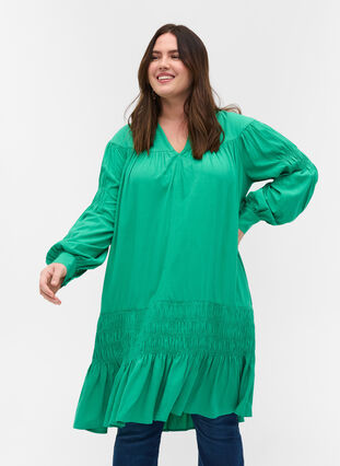 Langærmet viskose kjole med smockdetaljer, Mint, Model image number 0