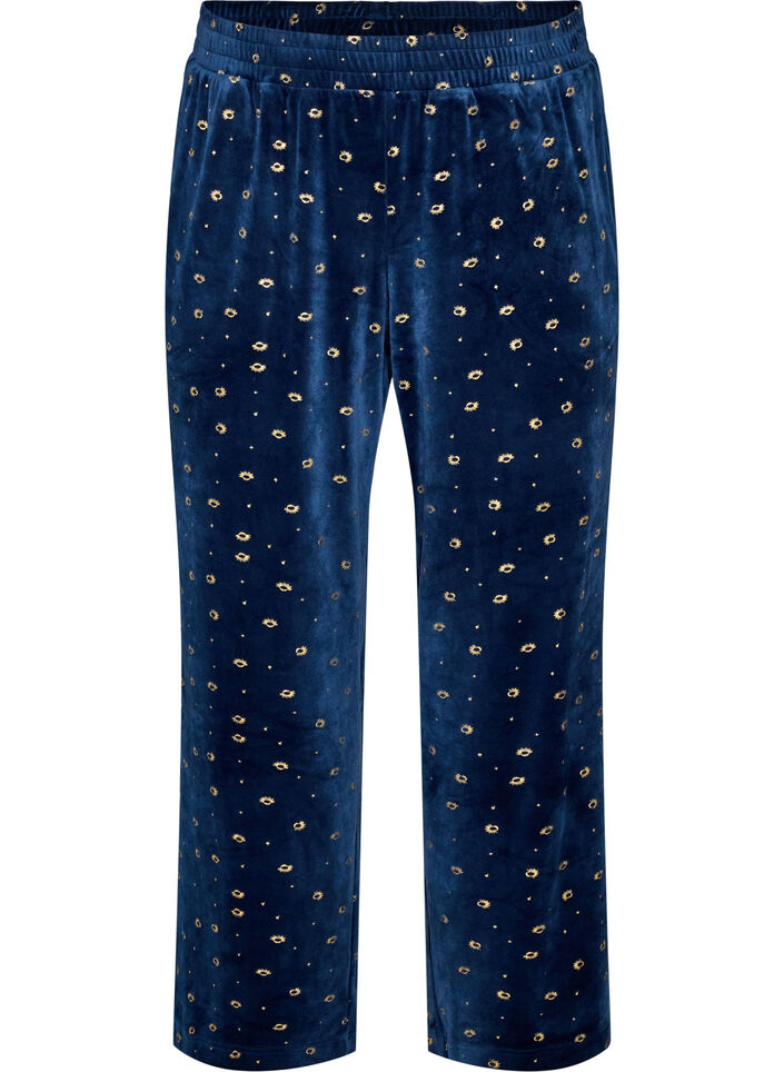Pyjamasbukser i velour med all-over print, Bl&aring;, Packshot image number 0