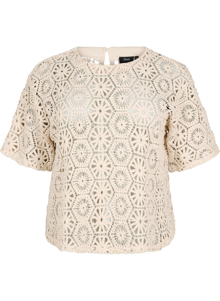 Crochet bluse med korte ærmer, Beige, Packshot image number 0