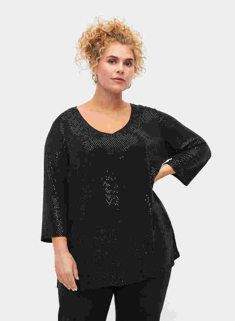 Bluse med glitterstruktur og v-hals, Black, Model image number 0