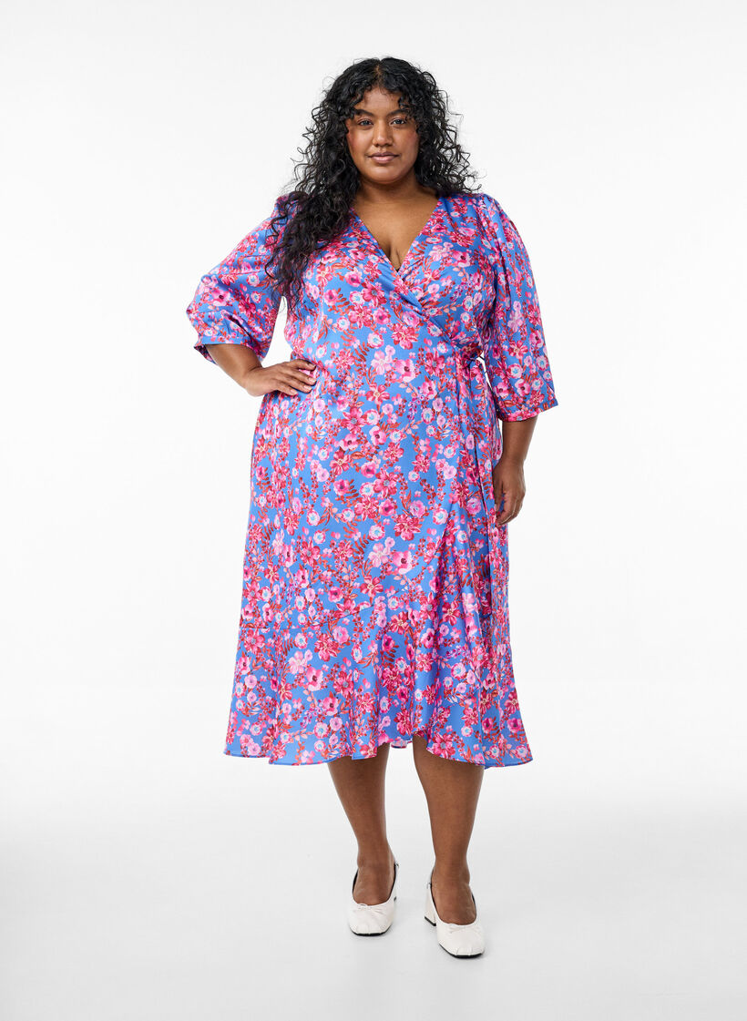 Blomstret slå-om kjole med 3/4 ærmer, Blå, Model image number 0
