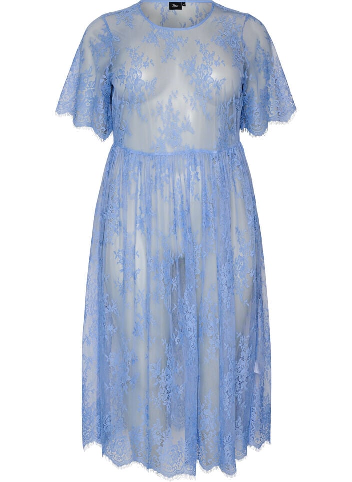 Transparent blondekjole med korte &aelig;rmer og midil&aelig;ngde, Lilla, Packshot image number 0