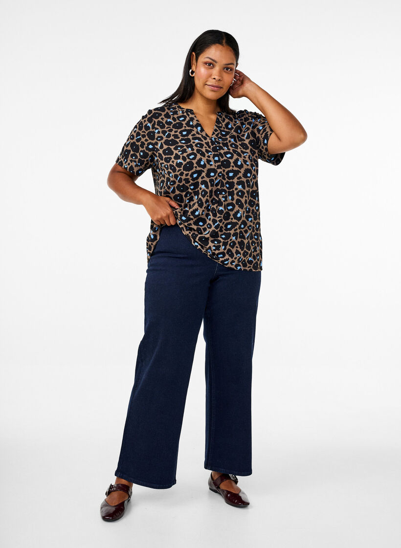 Kortærmet bluse med v-udskæring , Brun, Model image number 1