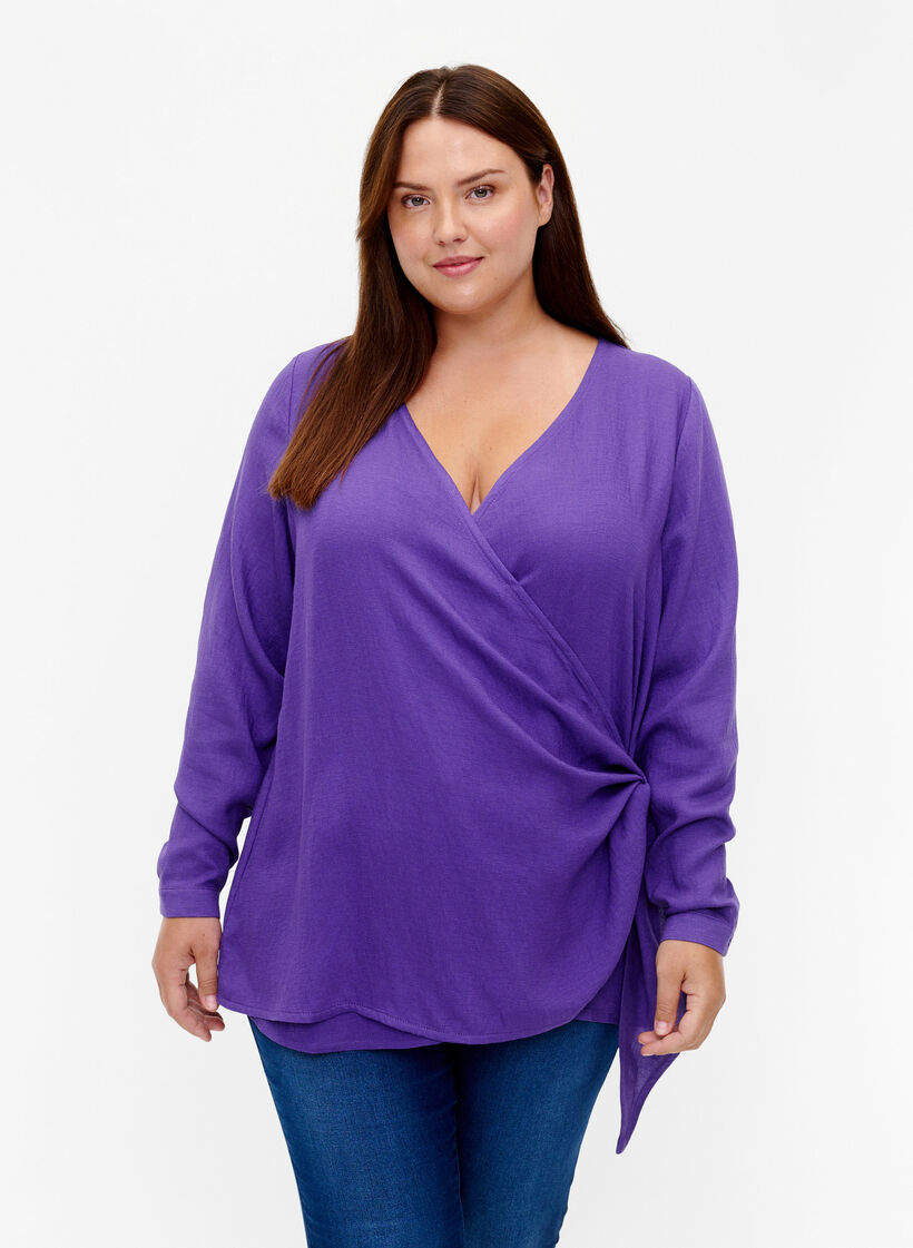 Langærmet bluse i viskose med wrap-look, Prism Violet, Model image number 0