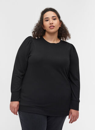 Langærmet bluse med skulderdetalje, Black, Model image number 0