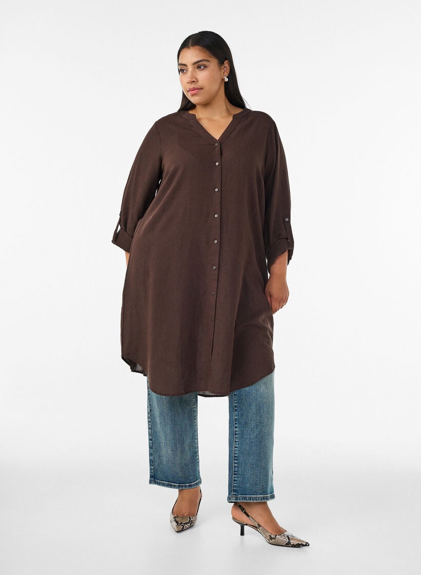 Lang skjorte i h&oslash;r og viskose, Brun, Model image number 0