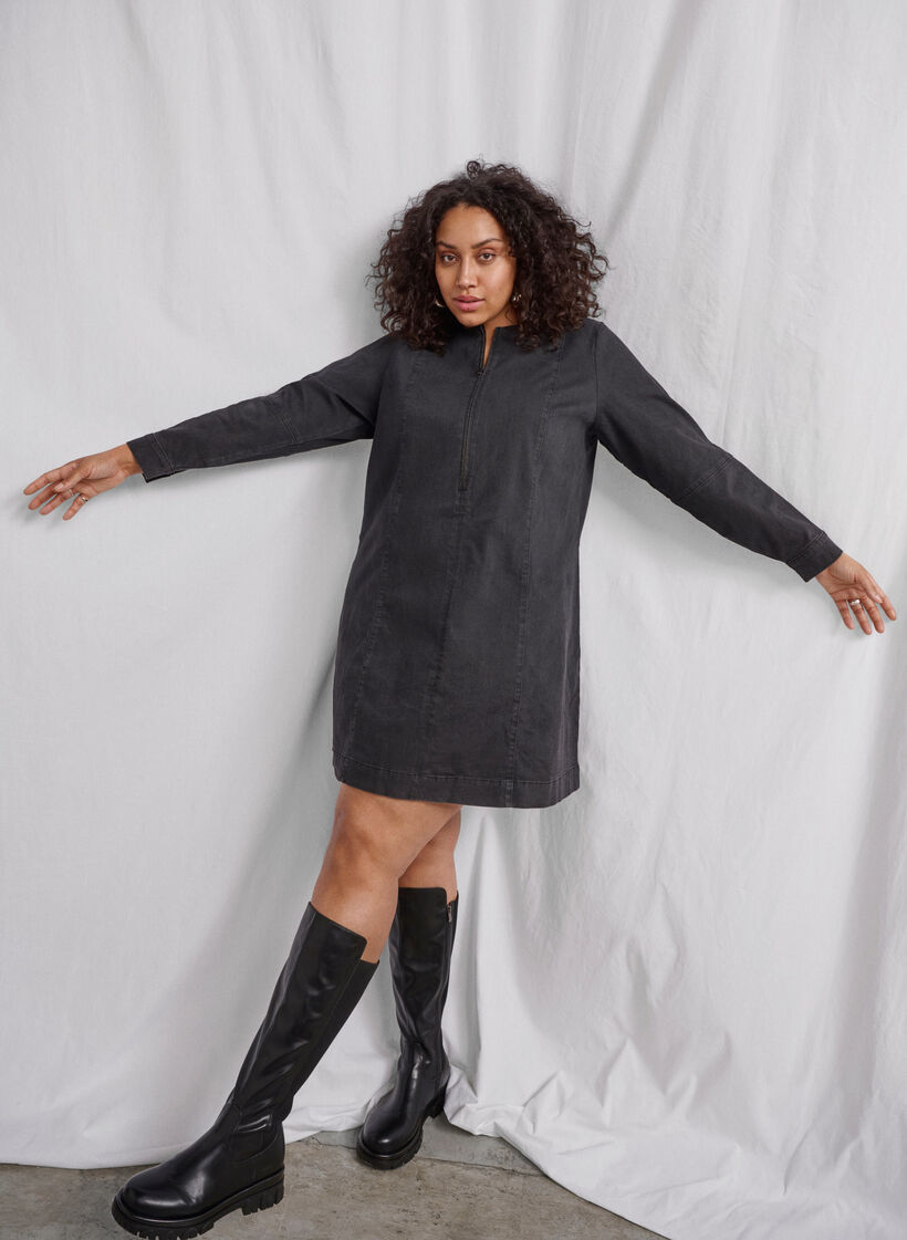 A-shape denimkjole med lynlås, Grey Washed, Image image number 0