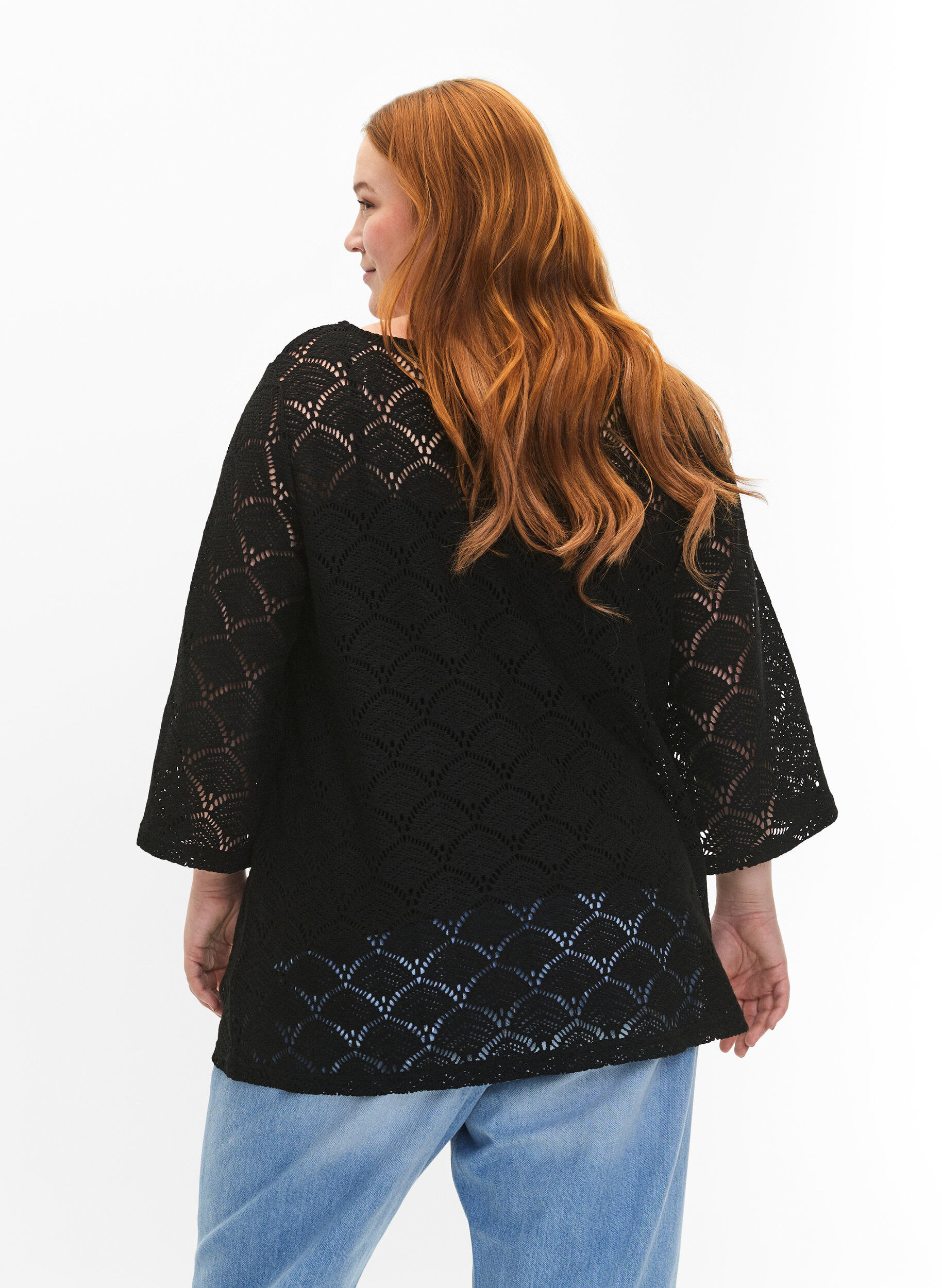 Zizzi Crochet bluse med 3/4 &aelig;rmer , Black, Model image number 1