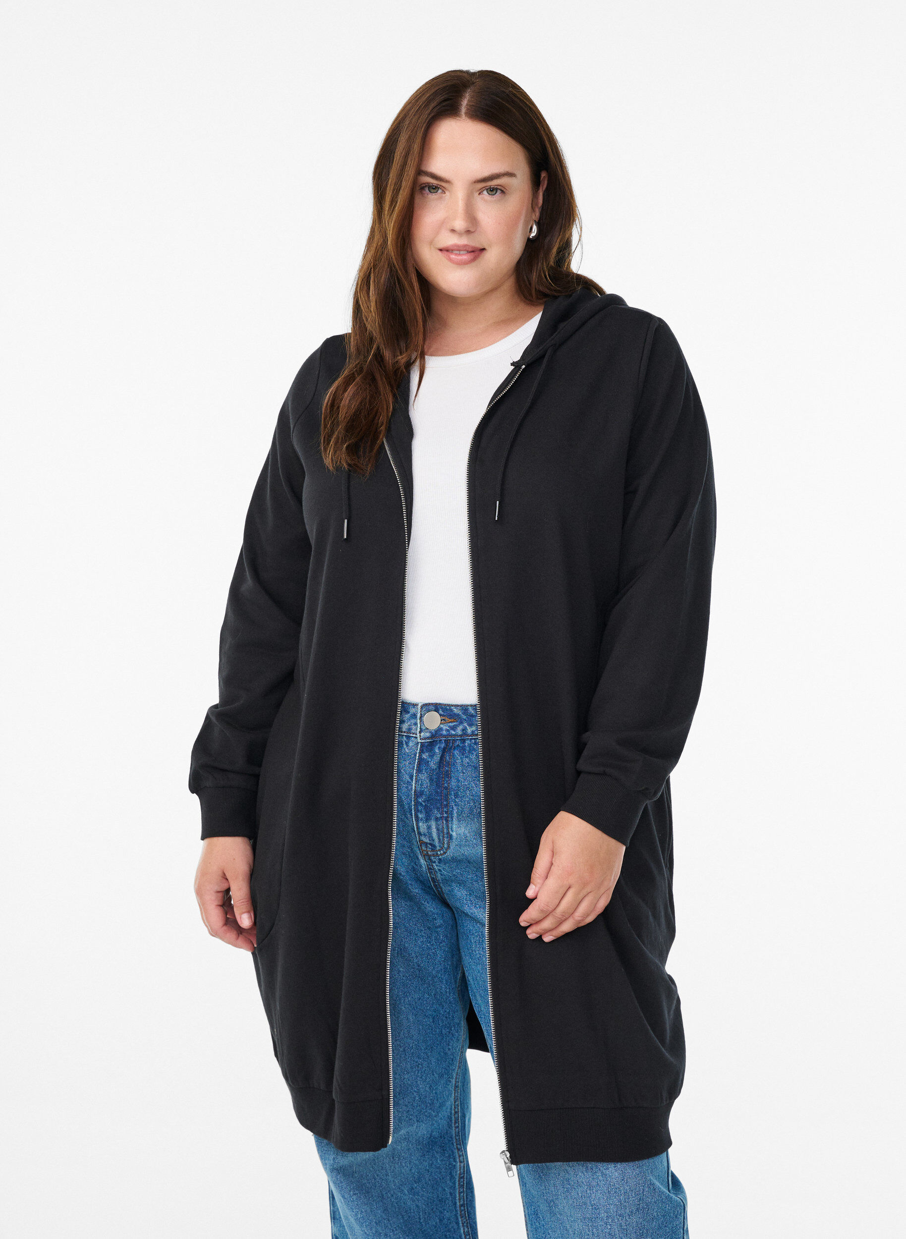 Zizzi Lang bomulds sweat cardigan med h&aelig;tte, Sort, Model image number 0