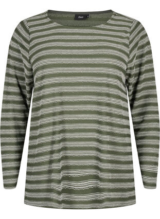 Langærmet bluse med stribet mønster, Thyme w. Stripe, Packshot image number 0