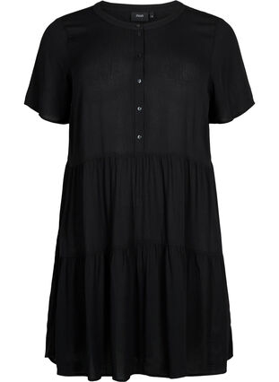 Kortærmet viskose kjole med a-form, Black, Packshot image number 0