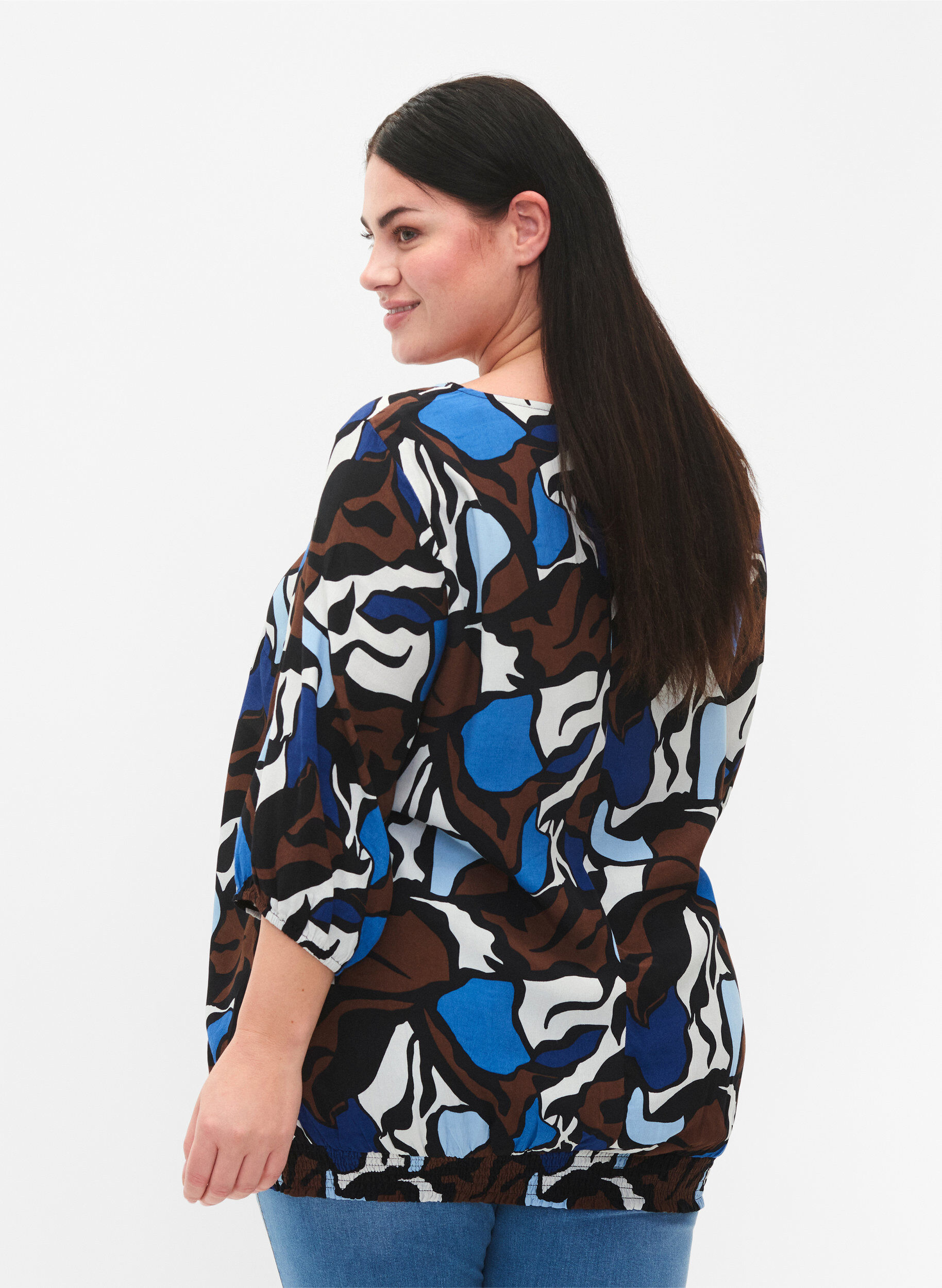 Zizzi Bluse i viskose med print og smock , Zafia AOP, Model image number 1