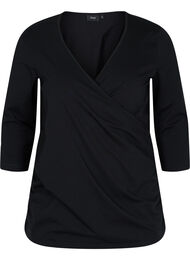 Bomulds bluse med 3/4 ærmer og wrap, Black
