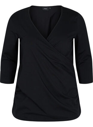 Bomulds bluse med 3/4 ærmer og wrap, Black, Packshot image number 0