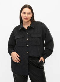Langærmet fløjlsskjorte med brystlommer, Black, Model