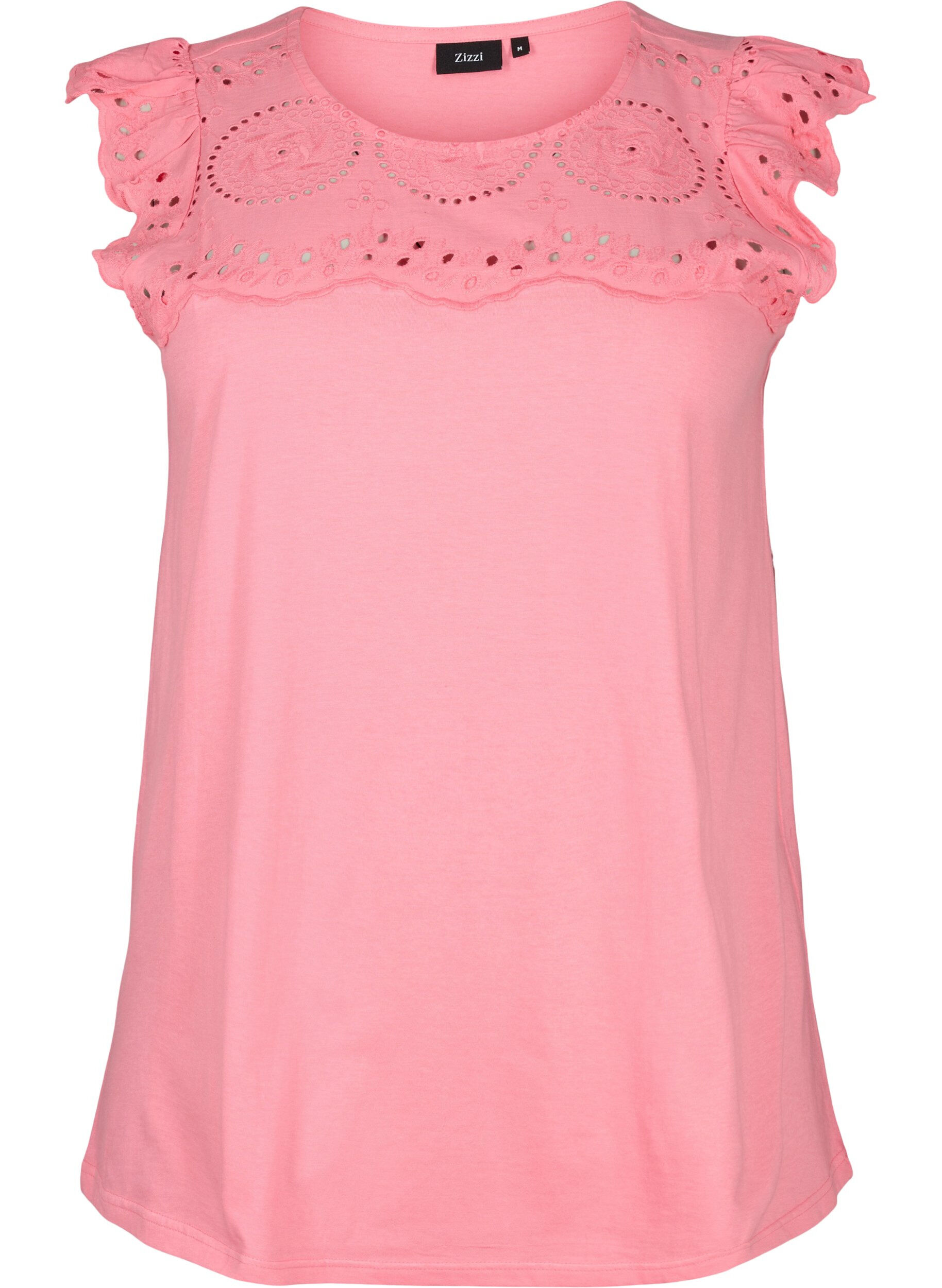 Zizzi T-shirt med broderi anglaise i &oslash;kologisk bomuld, Strawberry Pink , Packshot image number 0