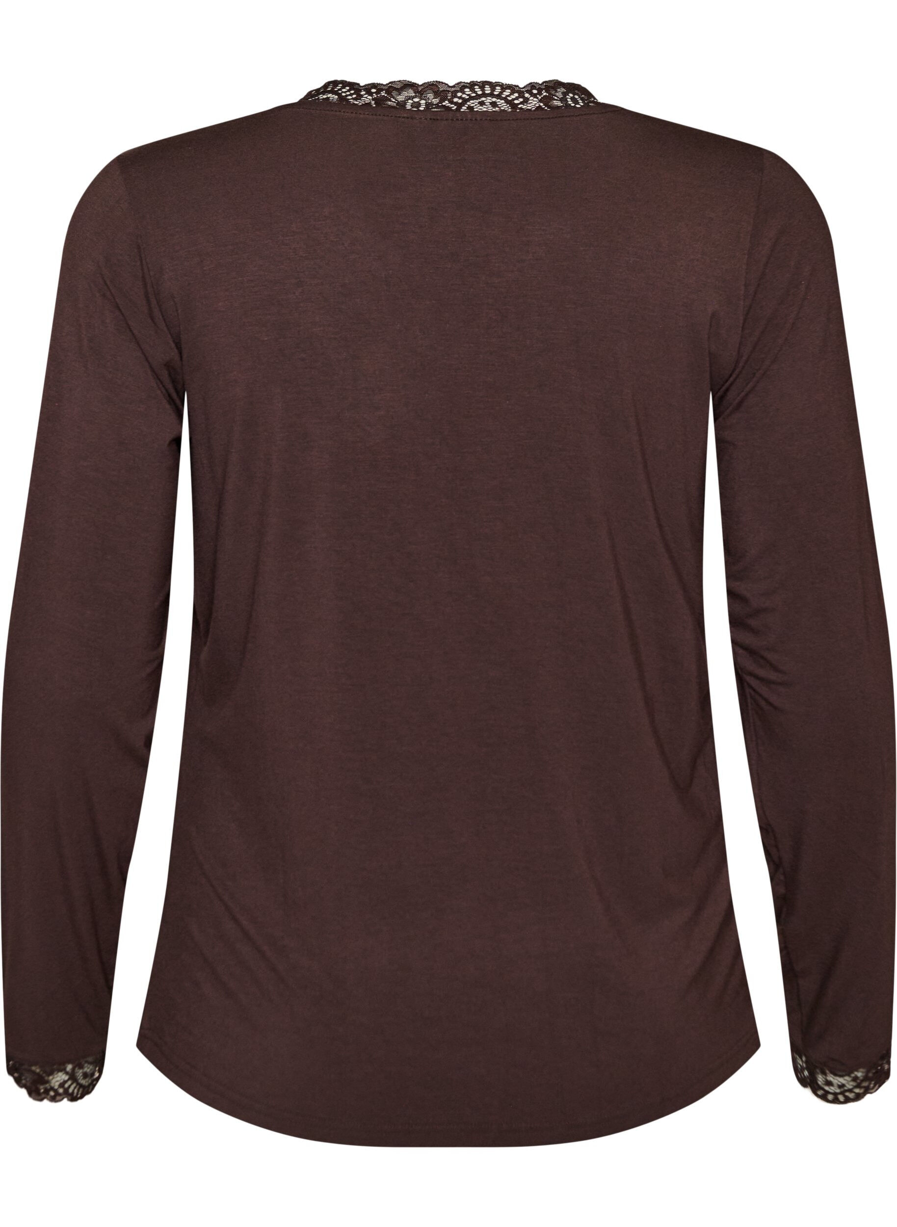 ZizziViskosebluse med blondekanter og V-hals, Brun, Packshot image number 1