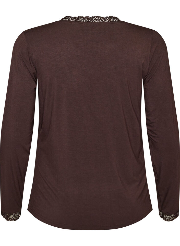 Viskosebluse med blondekanter og V-hals, Brun, Packshot image number 1