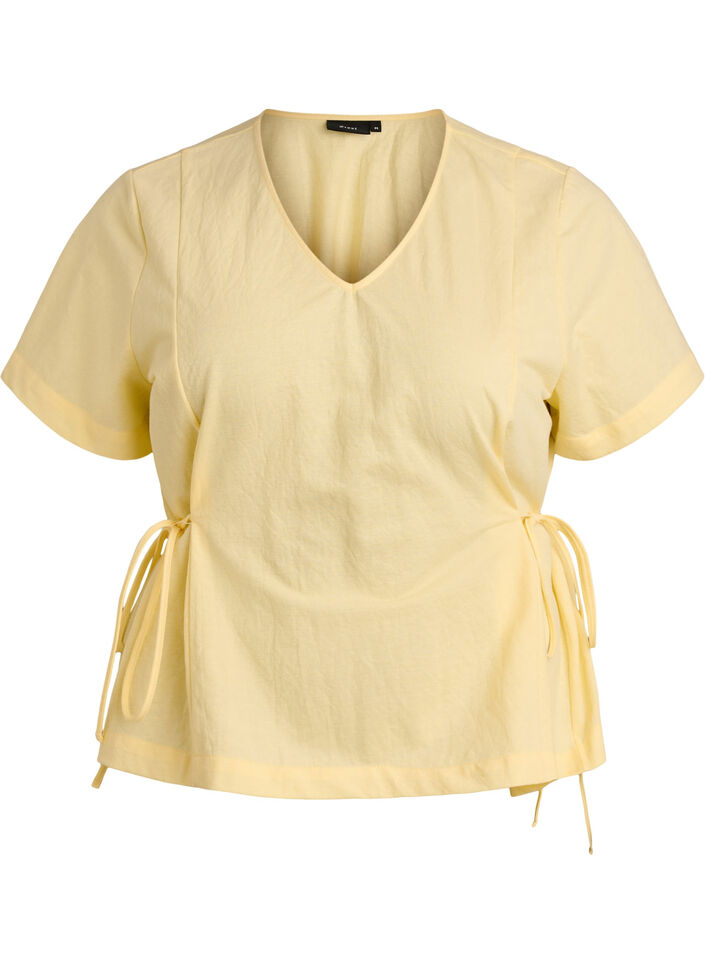 Bluse i bomuldsblanding med V-hals og bindeb&aring;nd, Gul, Packshot image number 0
