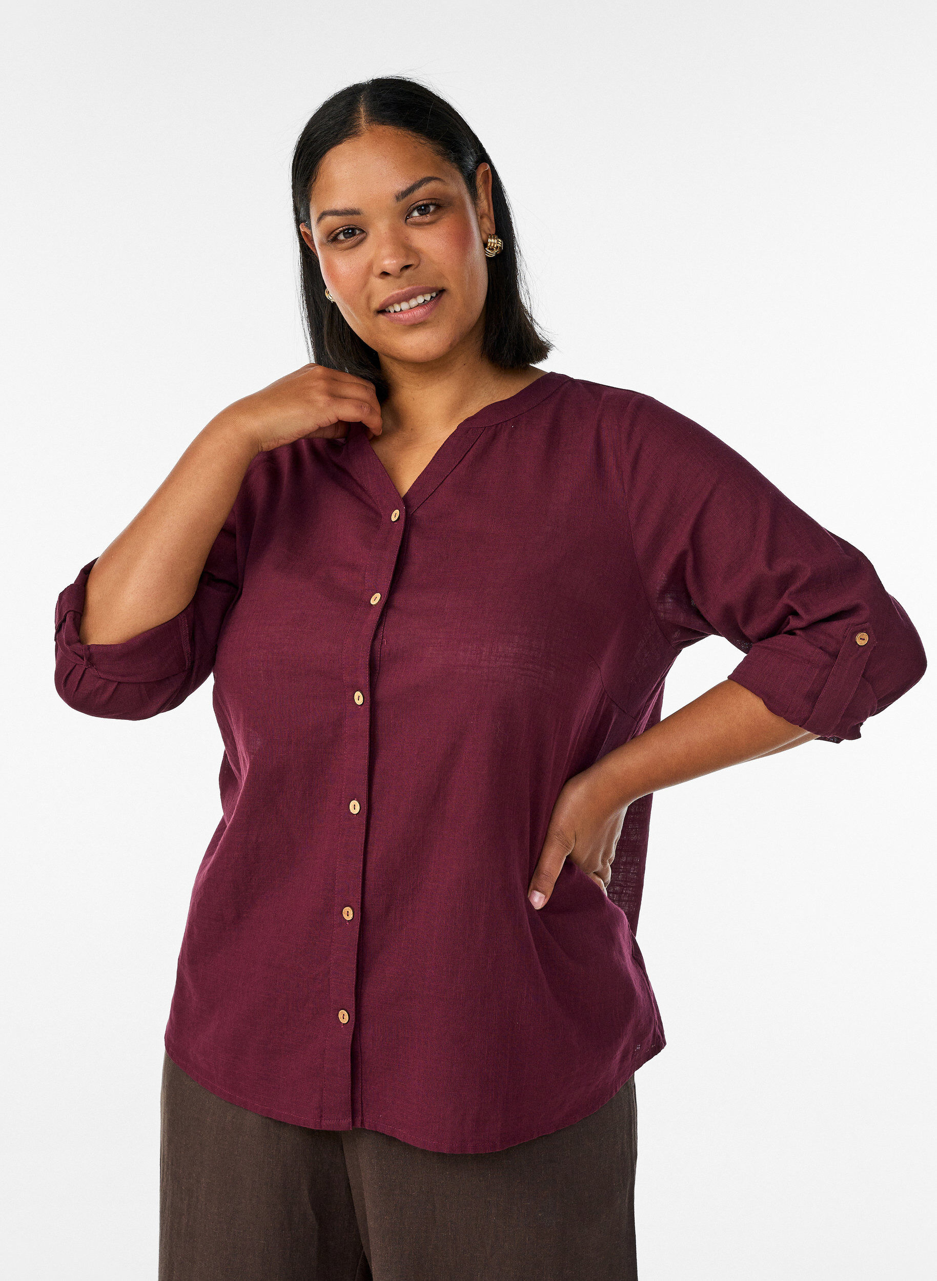ZizziSkjortebluse i bomuld med v-udsk&aelig;ring, R&oslash;d, Model image number 0