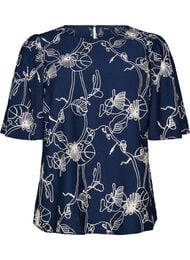 Kort&aelig;rmet bluse med broderet m&oslash;nster, Bl&aring;