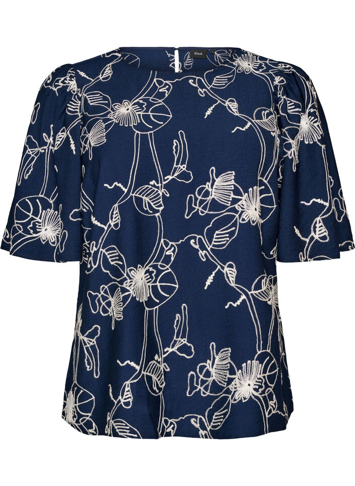 Kort&aelig;rmet bluse med broderet m&oslash;nster, Bl&aring;, Packshot image number 0