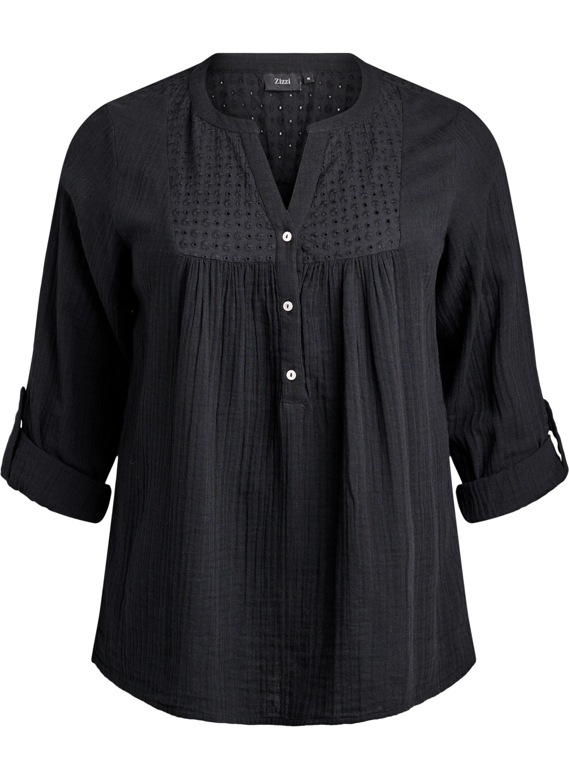 ZizziBluse i bomuldsmusselin med broderi anglaise, Sort, Packshot image number 0