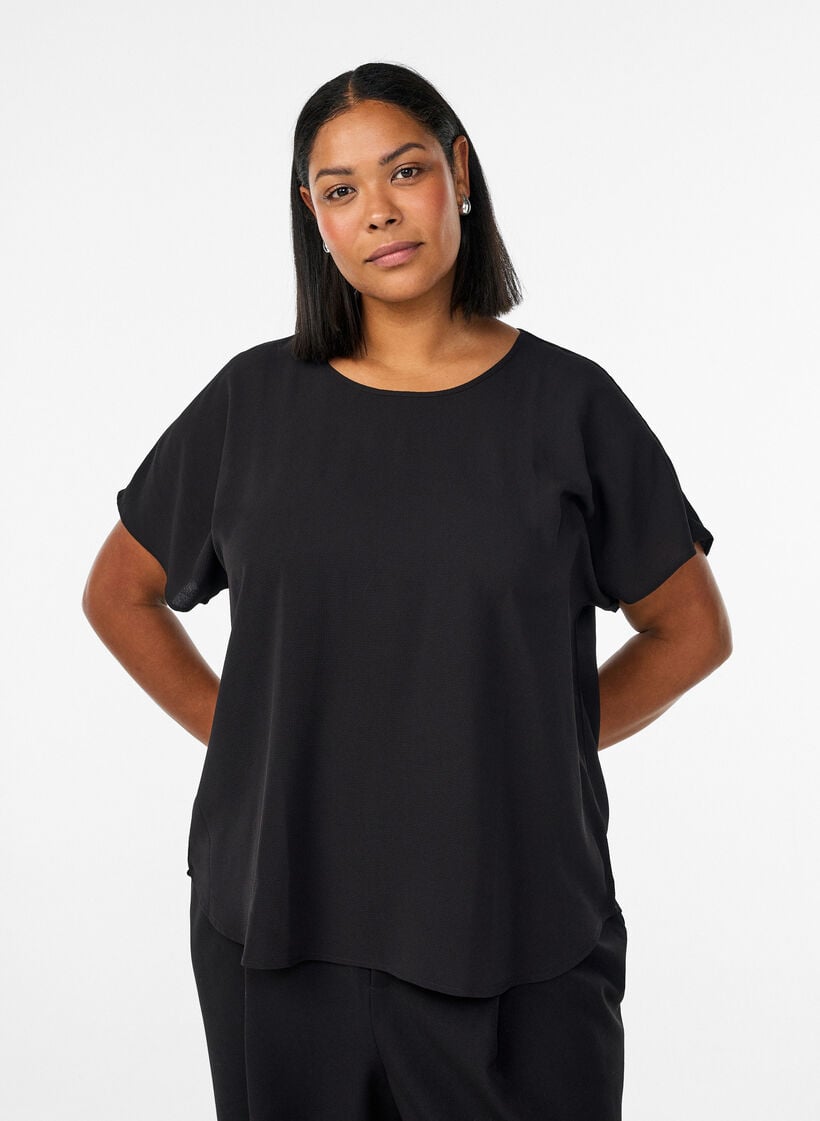 Bluse med korte &aelig;rmer og rund halsudsk&aelig;ring, Sort, Model image number 0