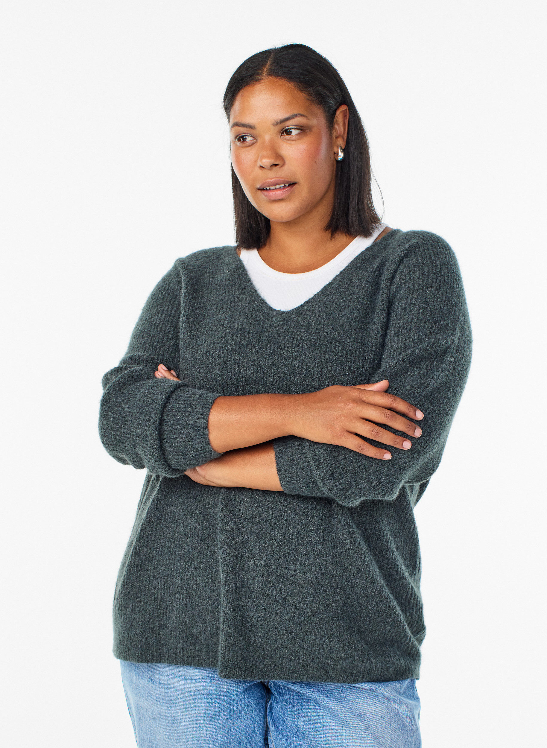 ZizziStrikbluse med V-hals og raglan&aelig;rmer, Gr&oslash;n, Model image number 0