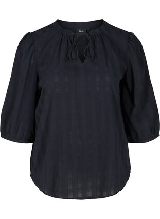 Bluse med 3/4 ærmer og bindedetalje, Black Beauty, Packshot image number 0
