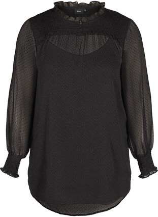 Højhalset bluse med smock- og flæsedetaljer, Black, Packshot image number 0