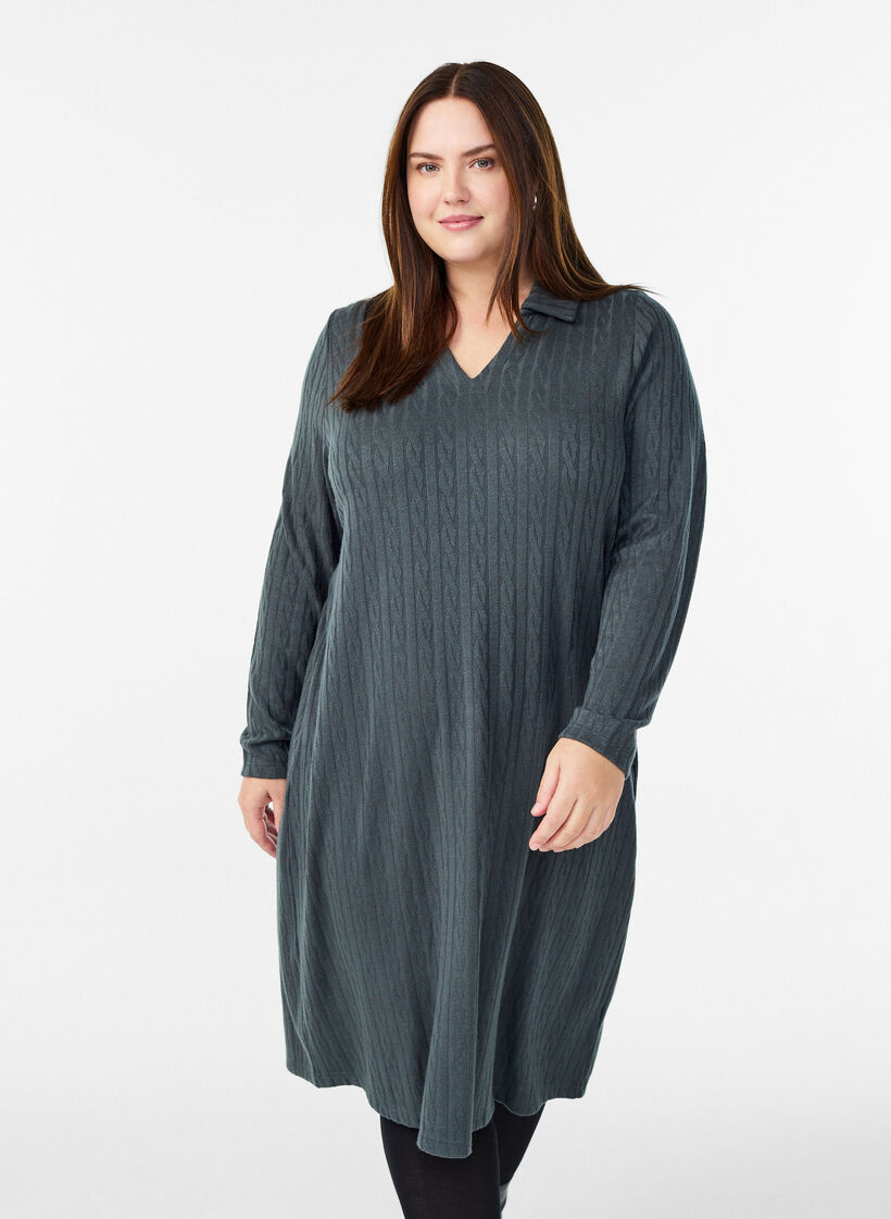 Kjole med kabelstruktur og v-udskæring, Grøn, Model image number 0