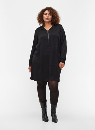 Langærmet kjole med krave og lynlås, Black, Model image number 2