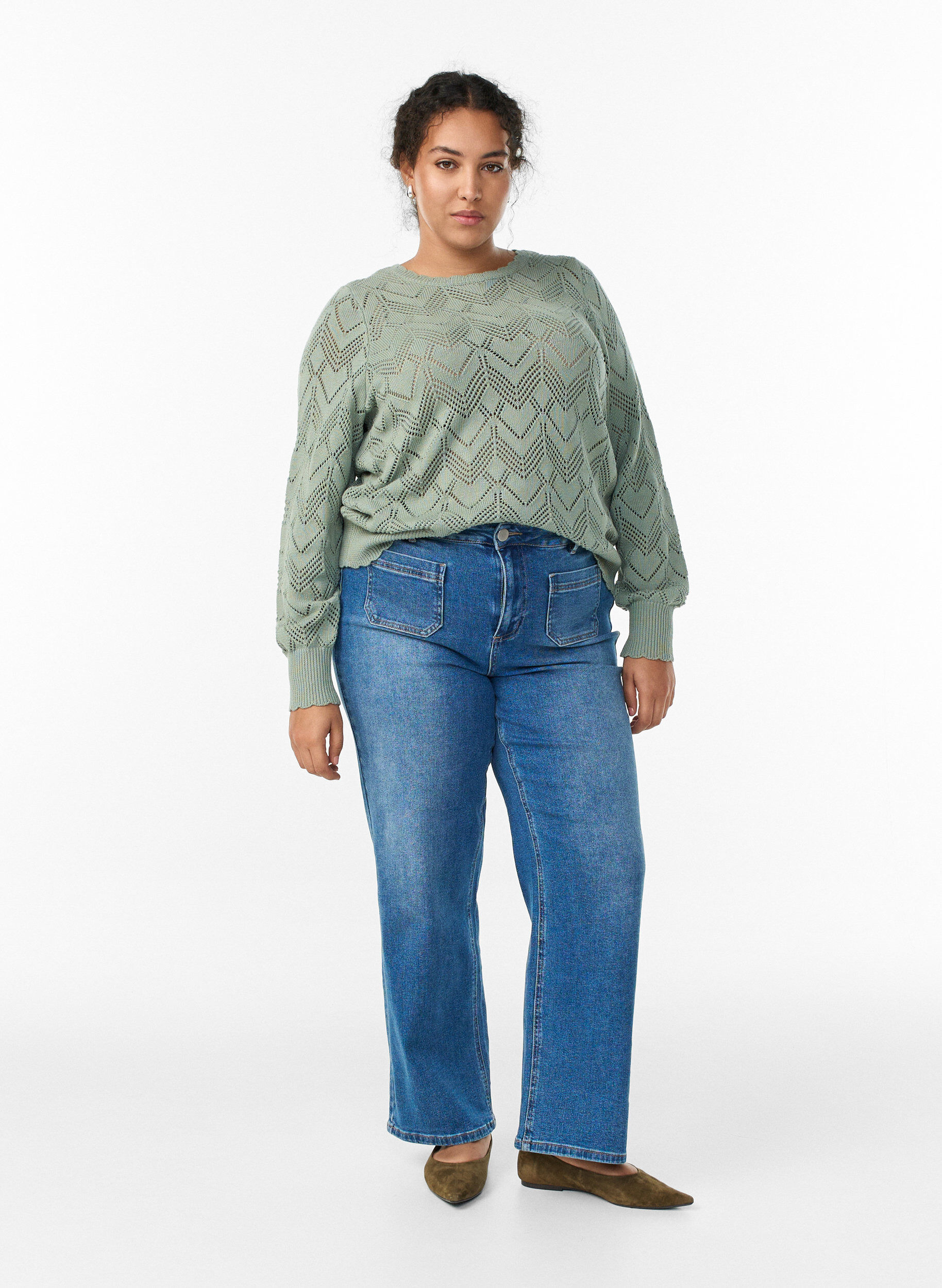 Zizzi M&oslash;nstret strikbluse med b&oslash;lgekant og rund hals, Gr&oslash;n, Model image number 1