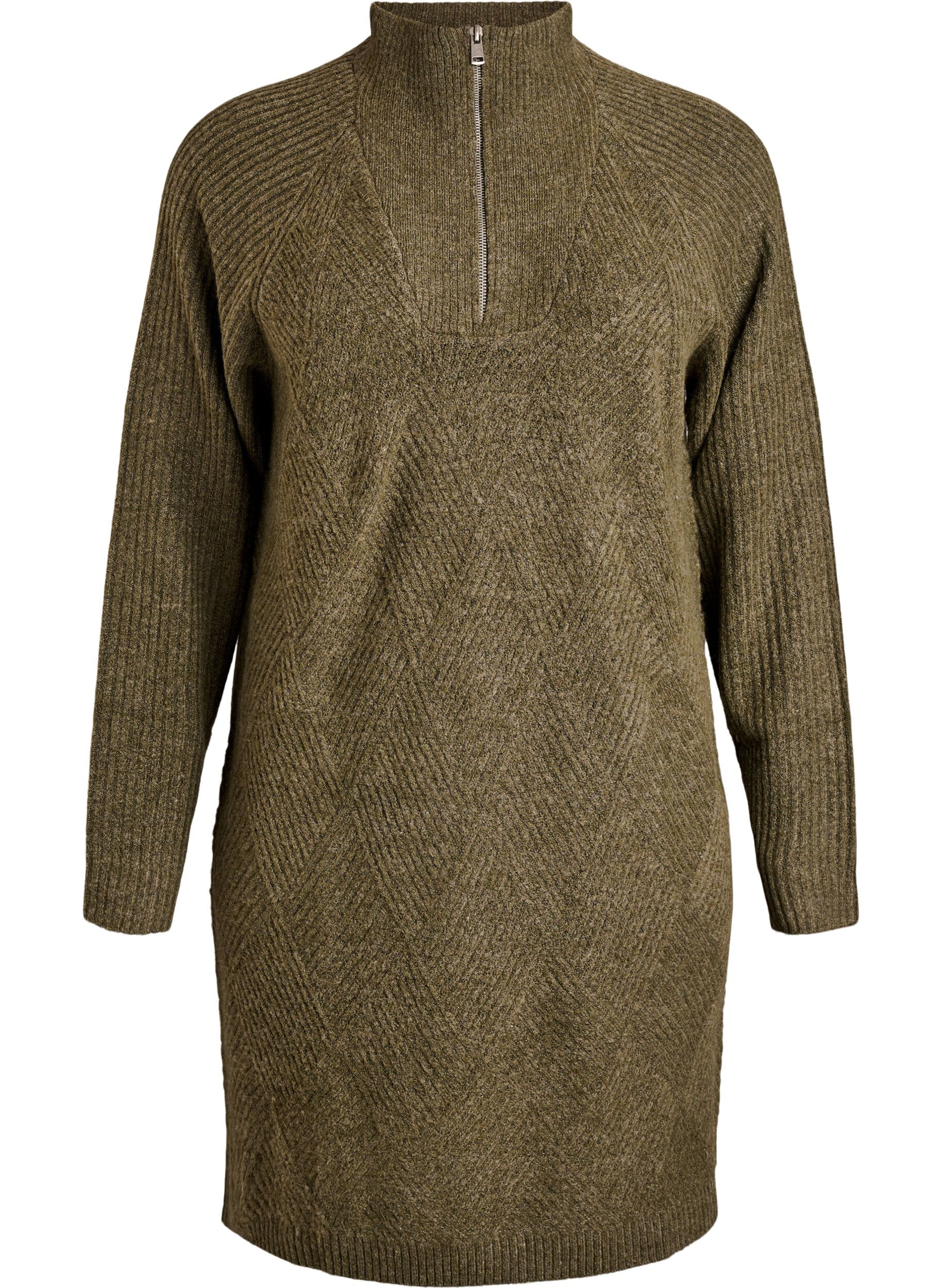 ZizziKn&aelig;lang strikkjole med h&oslash;j hals, Gr&oslash;n, Packshot image number 0