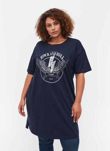 T-shirt kjole i bomuld med printdetaljer, Navy Blazer, Model image number 0