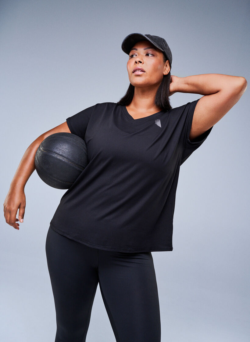 L&oslash;s tr&aelig;nings t-shirt med v-hals, Sort, Image