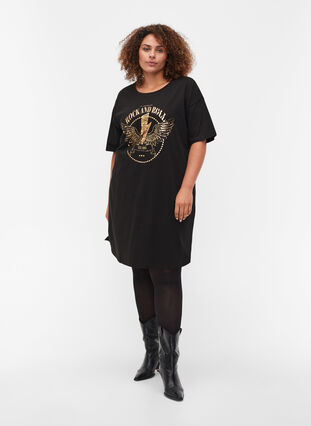 T-shirt kjole i bomuld med printdetaljer, Black w. Gold, Model image number 2