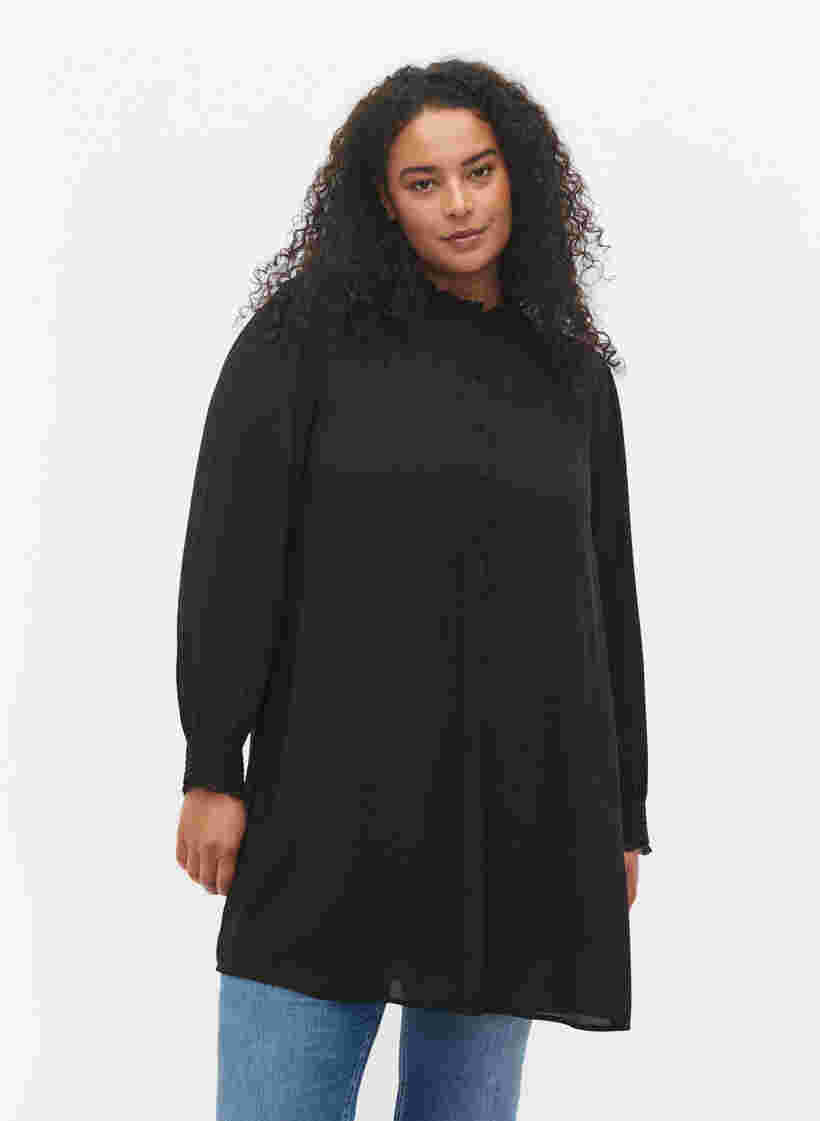 Tunika med flæsekrave og lange ærmer, Black, Model image number 0