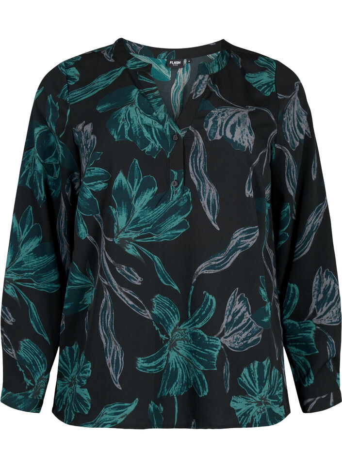FLASH - Lang&aelig;rmet bluse med print, Black Scarab Flower, Packshot image number 0