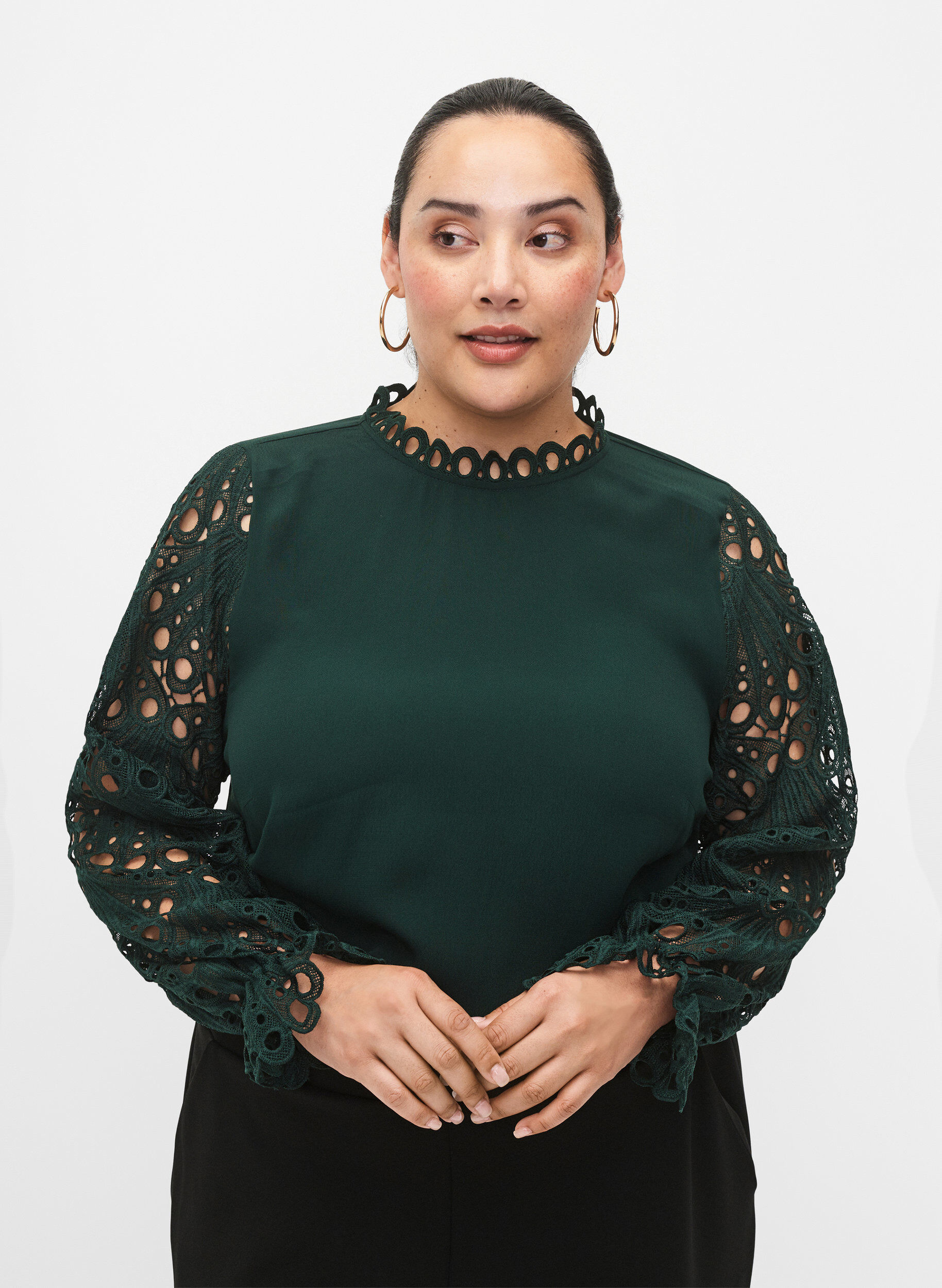 Zizzi Viskosebluse med crochet &aelig;rmer, Scarab, Model image number 0