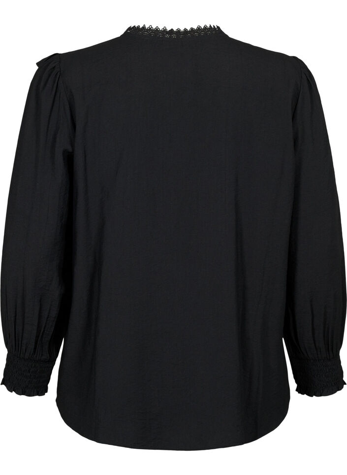 Viskosebluse med flæser og broderidetalje, Black, Packshot image number 1