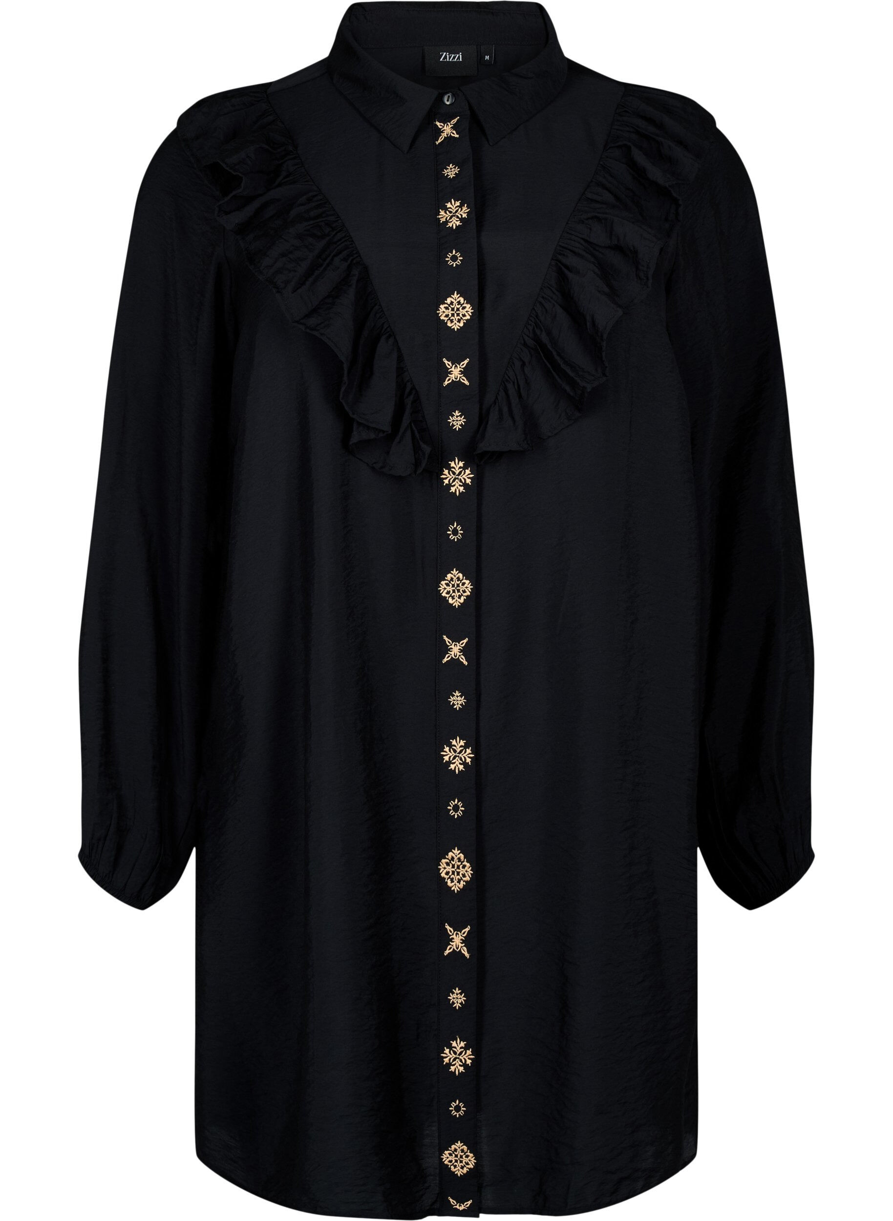 Zizzi Skjortekjole med fl&aelig;ser og broderi, Black, Packshot image number 0