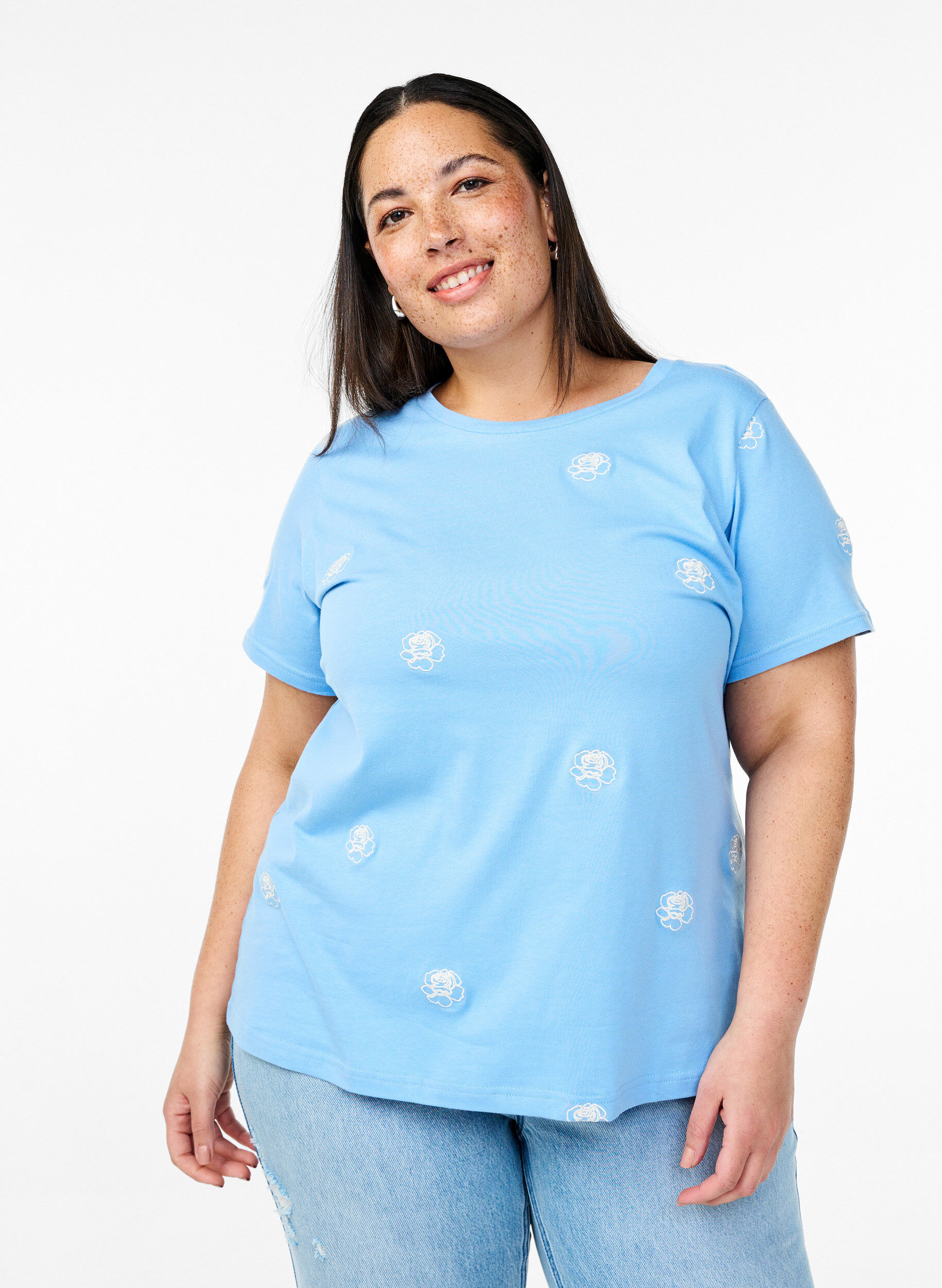 ZizziT-shirt i &oslash;kologisk bomuld med broderede motiver, Bl&aring;, Model image number 0